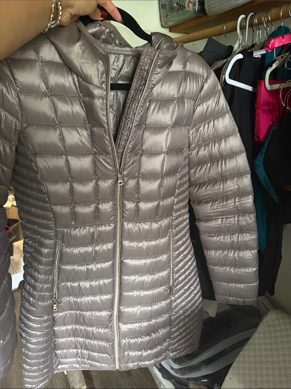 Calvin Klein Silky Quilted Long Puffer Jacket - Taupe Gray